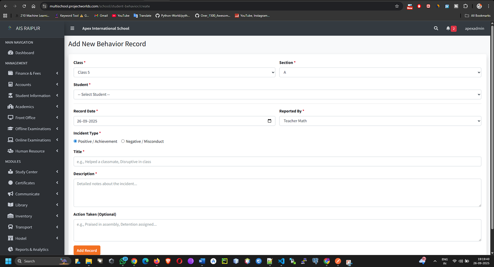 Add New Behavior Record