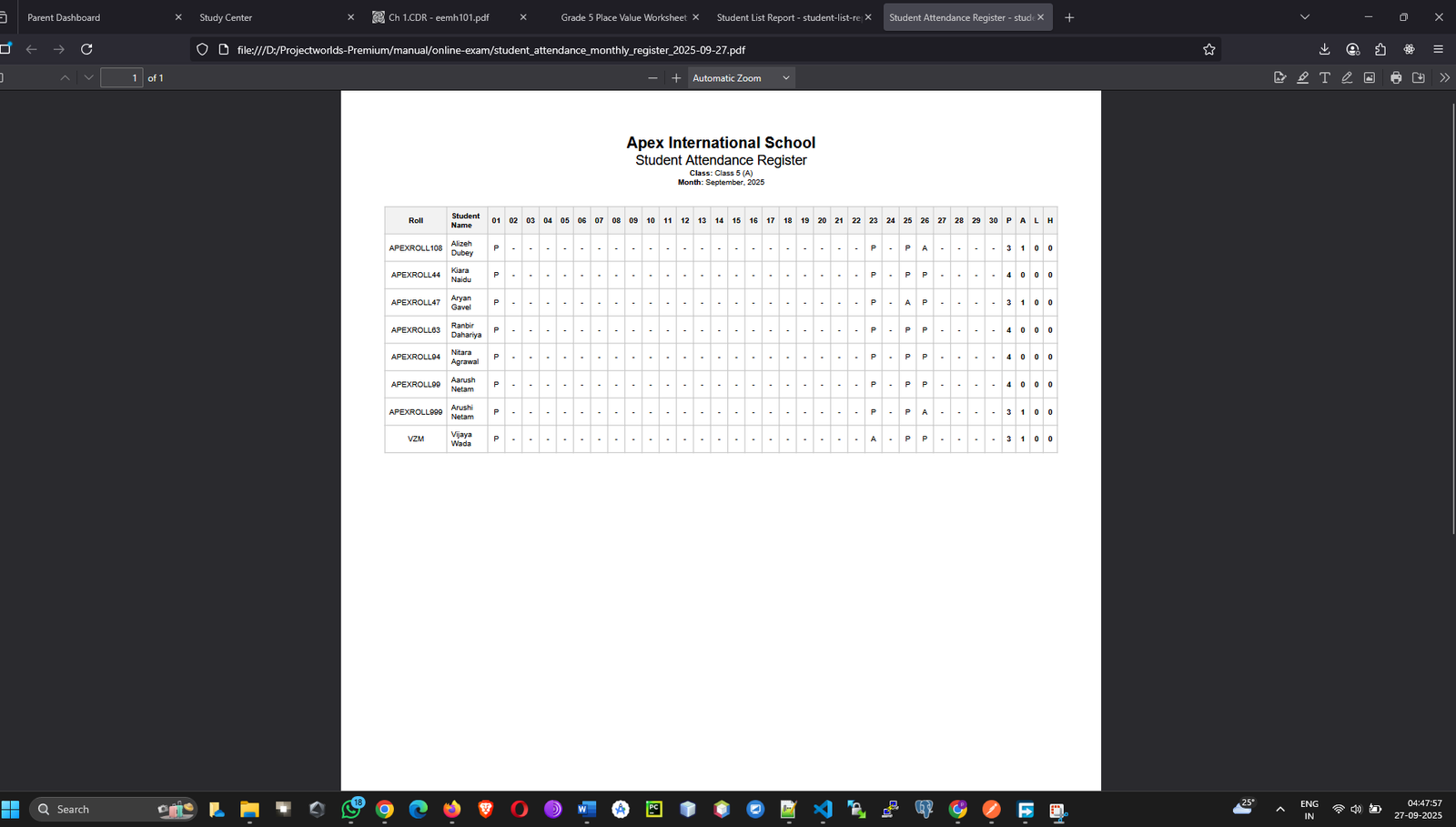 monthly attendance register