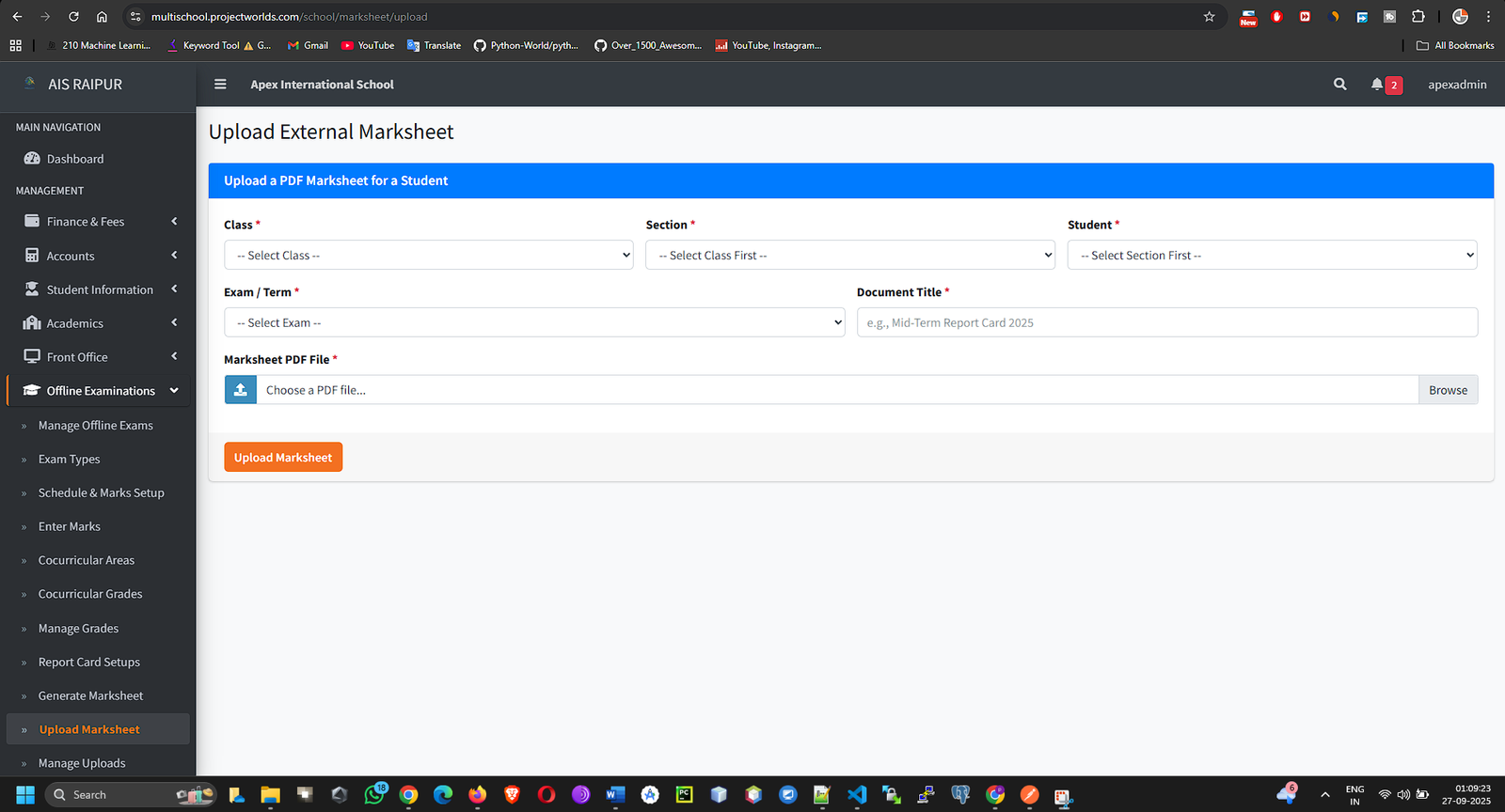Upload External Marksheet