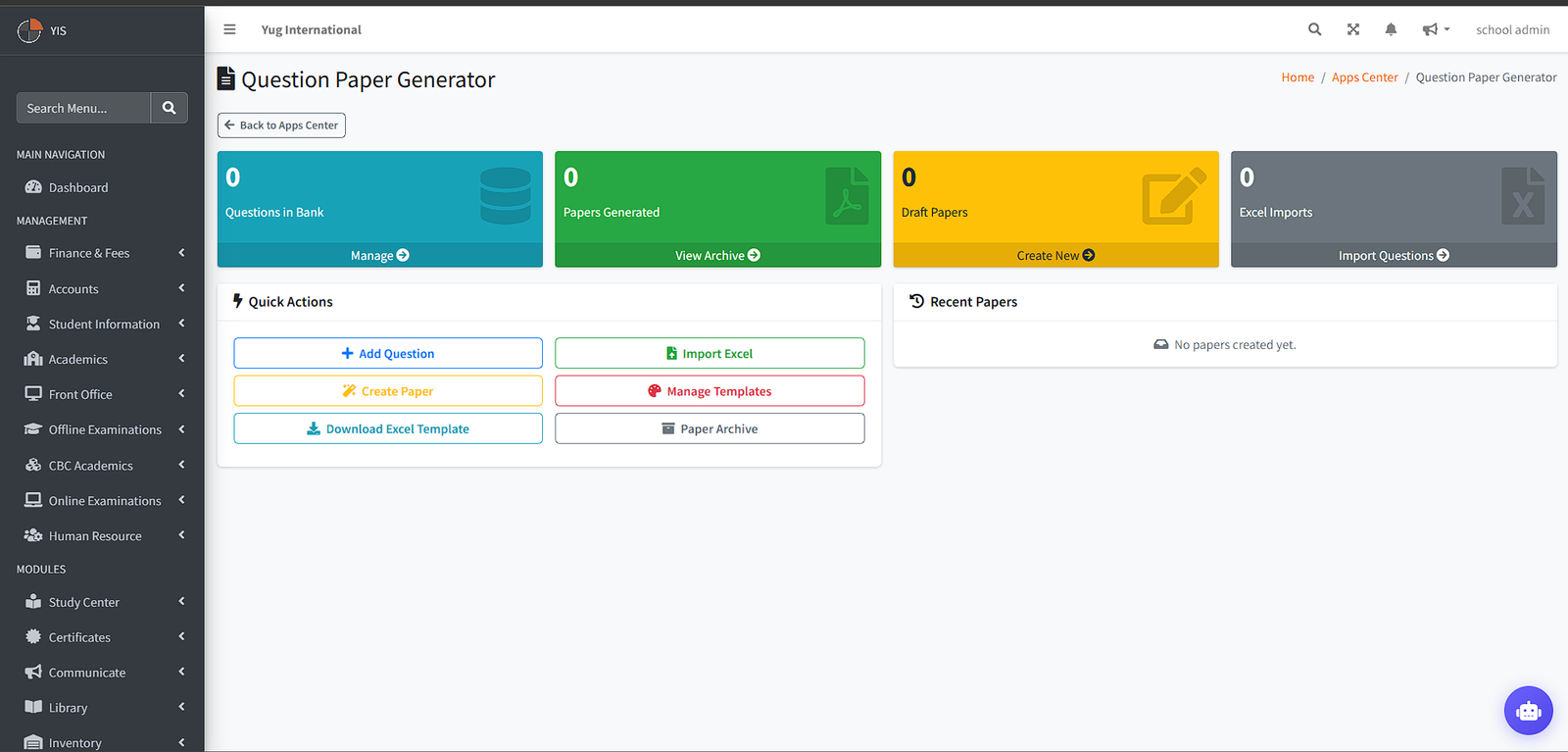 QPG Dashboard — Shows 4 stat boxes (Questions in Bank, Papers Generated, Draft Papers, Excel Imports), Quick Actions grid (Add Question, Import Excel, Create Paper, Manage Templates, Download Excel Template, Paper Archive), and Recent Papers table.